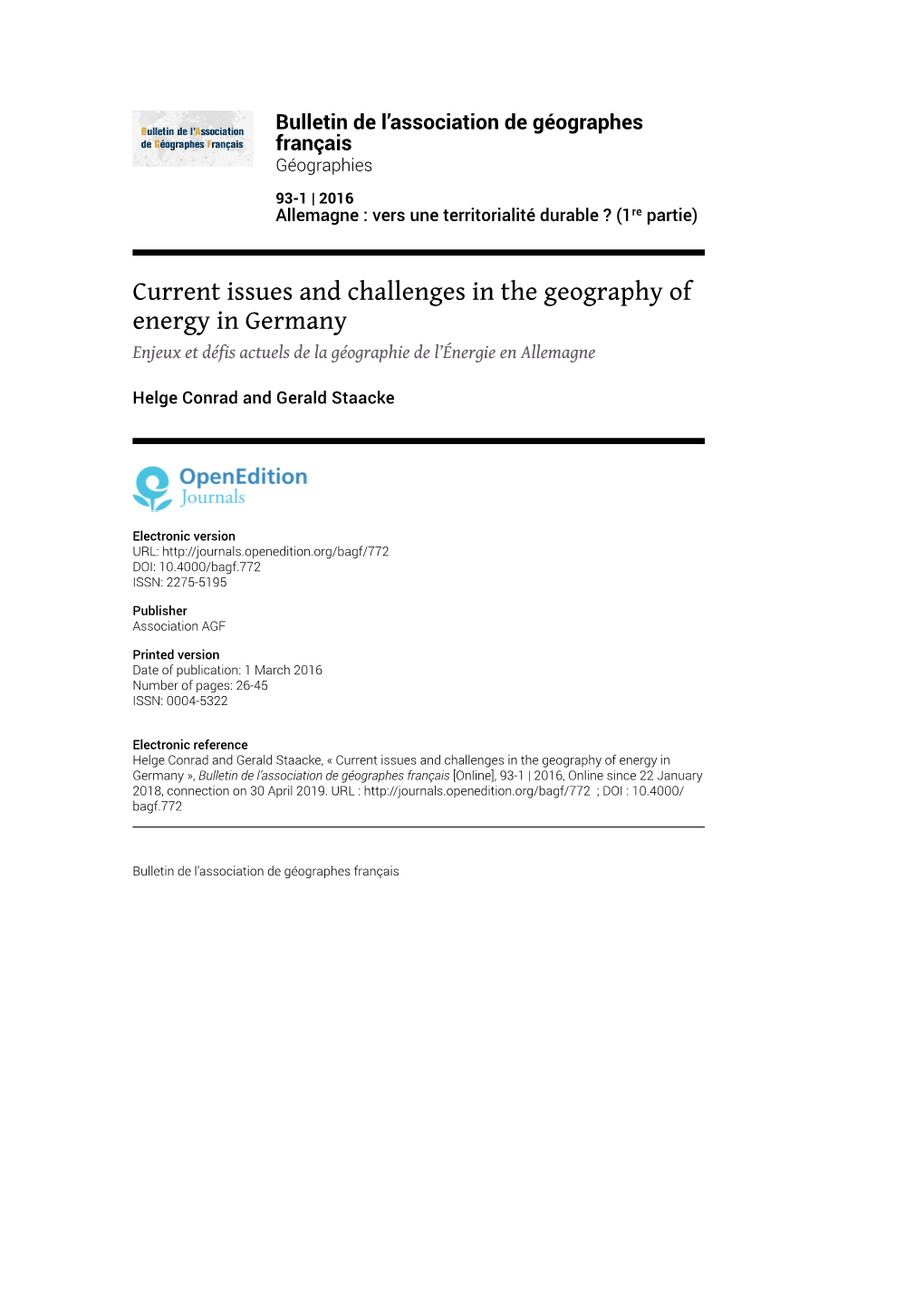 Current Issues and Challenges in the Geography of Energy in Germany Enjeux Et Défis Actuels De La Géographie De L’Énergie En Allemagne