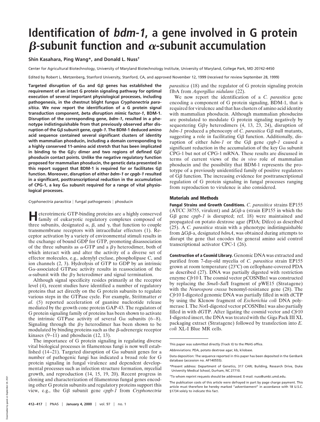 Identification of Bdm-1, a Gene Involved in G Protein ␤-Subunit Function and ␣-Subunit Accumulation