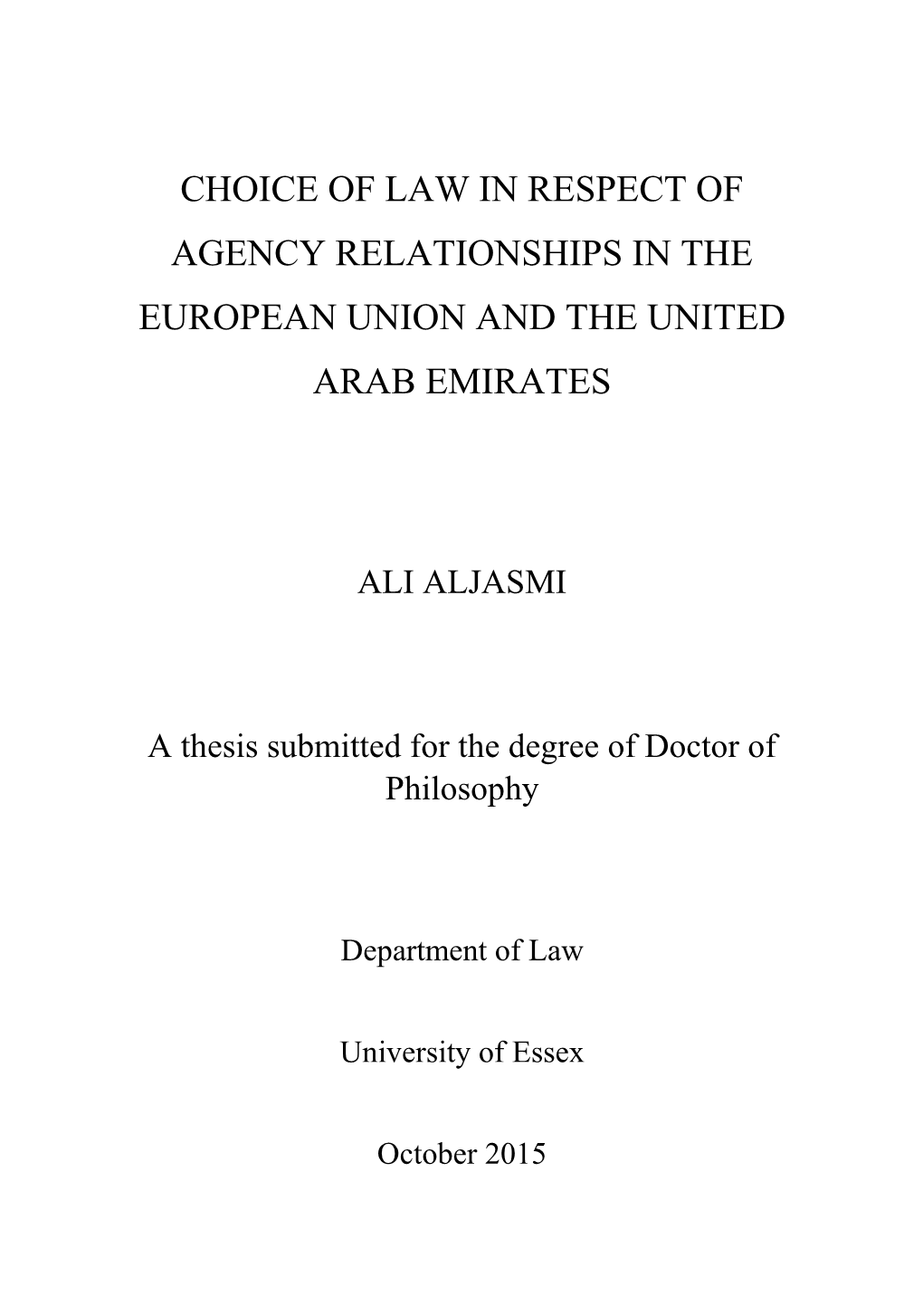 Choice of Law in Respect of Agency Relationships in the European Union and the United Arab Emirates