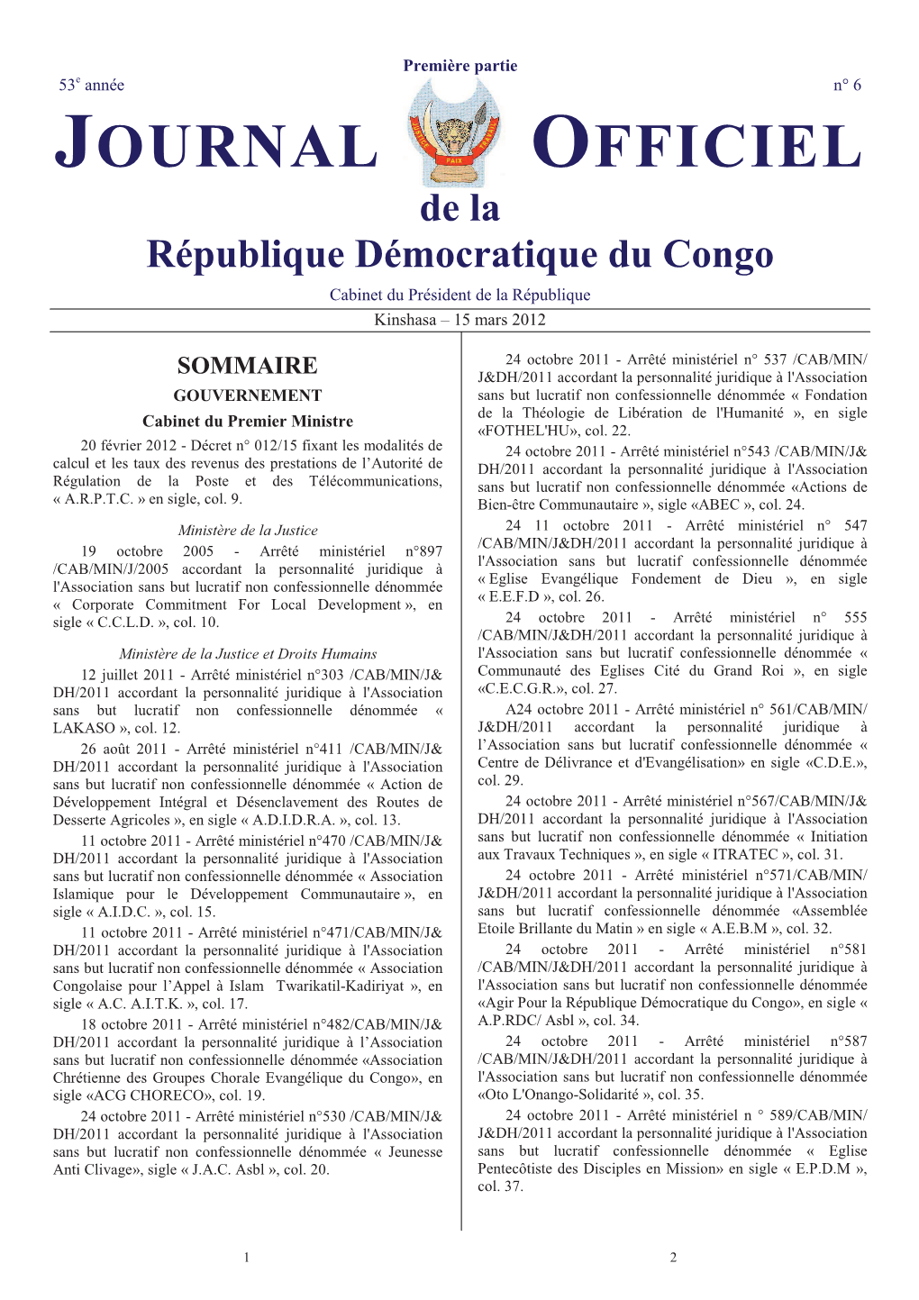 JOURNAL OFFICIEL De La République Démocratique Du Congo Cabinet Du Président De La République Kinshasa – 15 Mars 2012