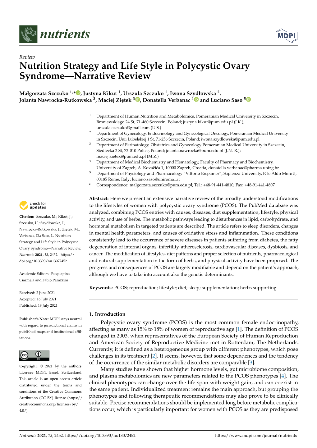 Nutrition Strategy and Life Style in Polycystic Ovary Syndrome—Narrative Review