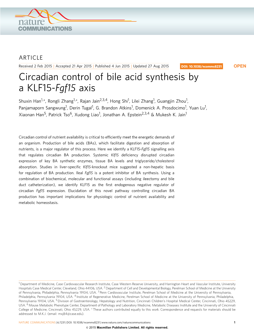 Circadian Control of Bile Acid Synthesis by a KLF15-Fgf15 Axis