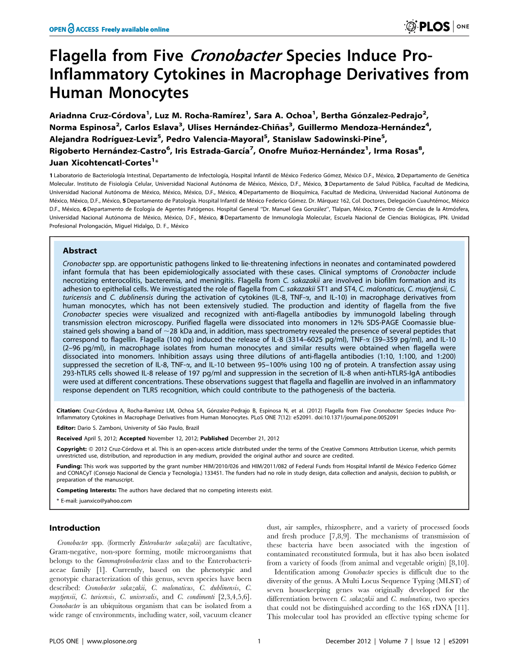 Flagella from Five Cronobacter Species Induce Pro- Inflammatory Cytokines in Macrophage Derivatives from Human Monocytes