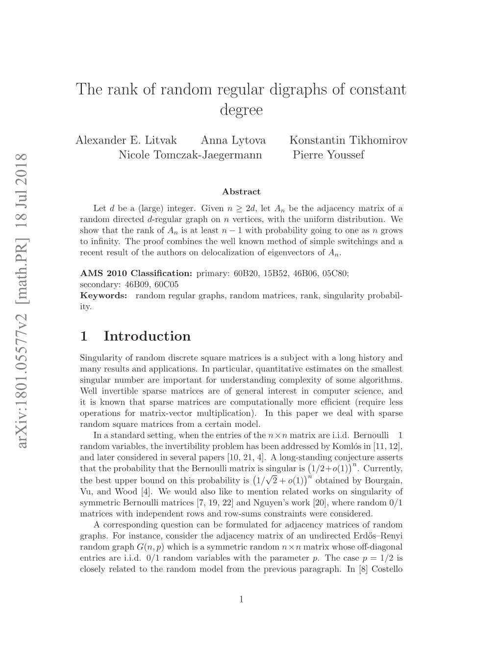 18 Jul 2018 the Rank of Random Regular Digraphs of Constant Degree