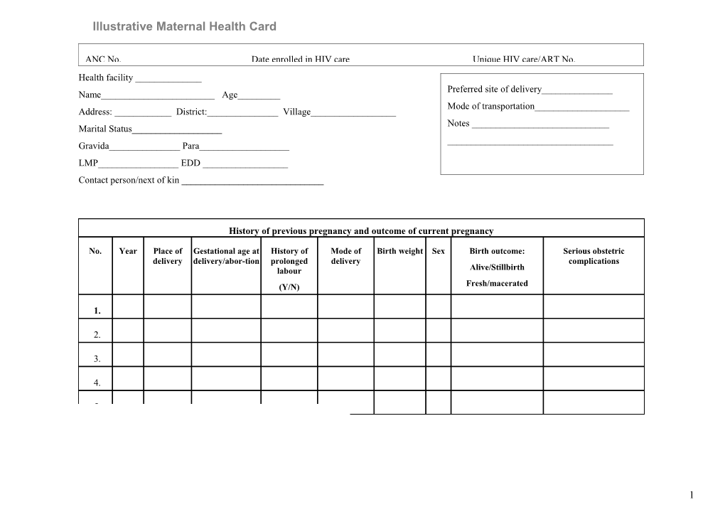 Illustrative Maternal Health Card