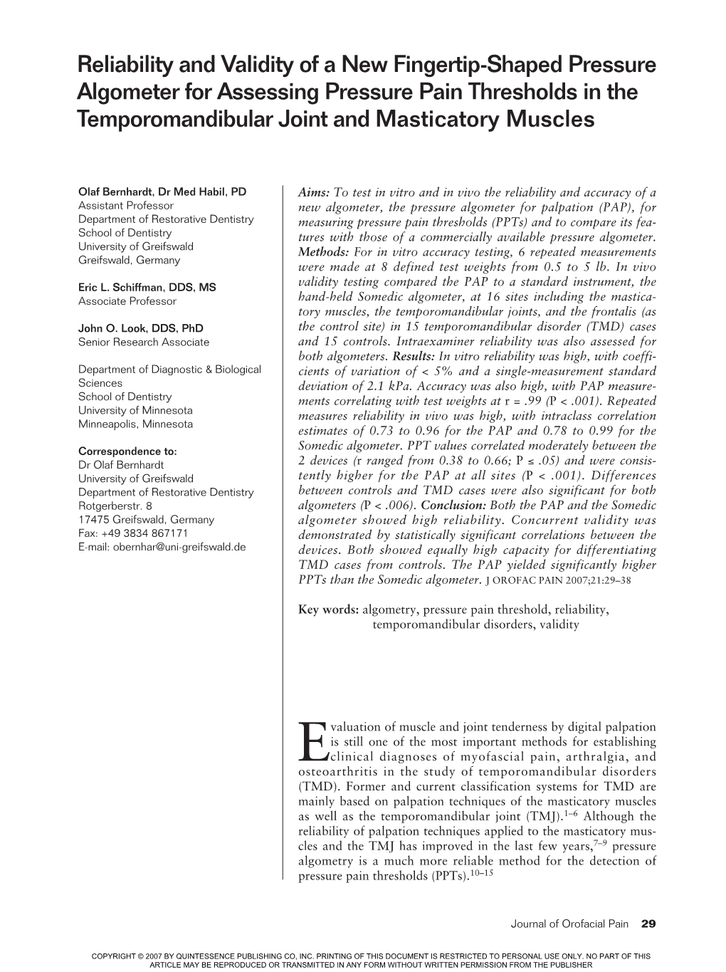 Reliability and Validity of a New Fingertip-Shaped Pressure Algometer for Assessing Pressure Pain Thresholds in the Temporomandibular Joint and Masticatory Muscles