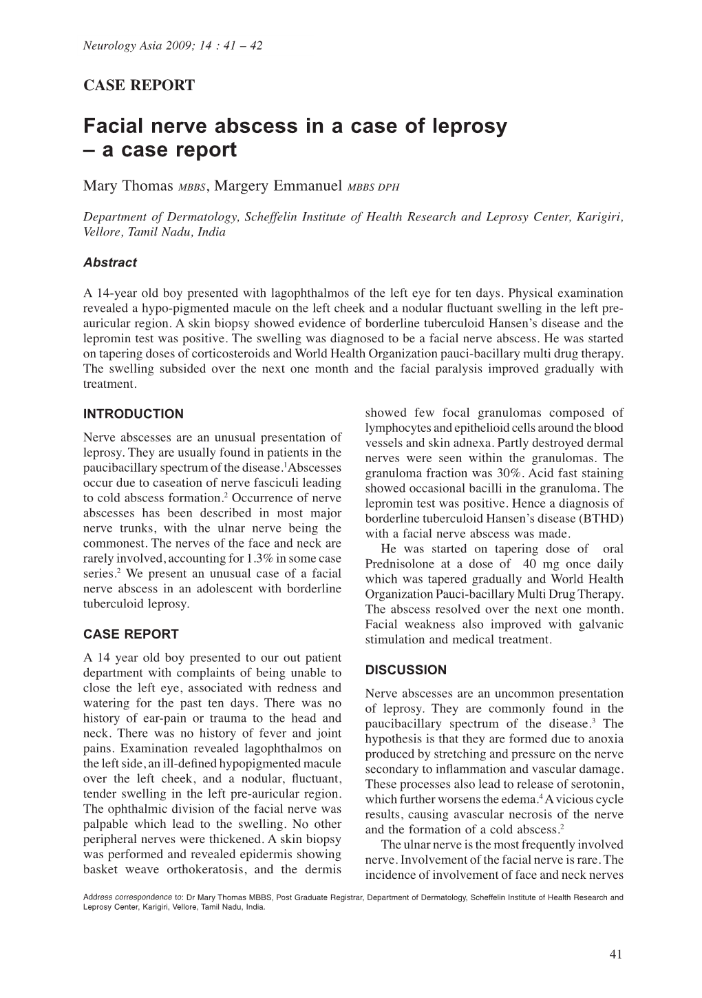 Facial Nerve Abscess in a Case of Leprosy – a Case Report