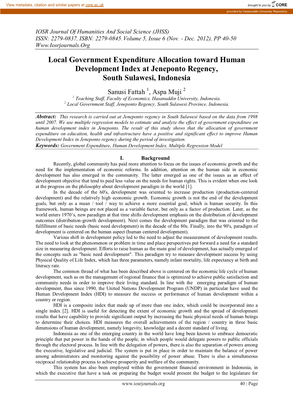 Local Government Expenditure Allocation Toward Human Development Index at Jeneponto Regency, South Sulawesi, Indonesia