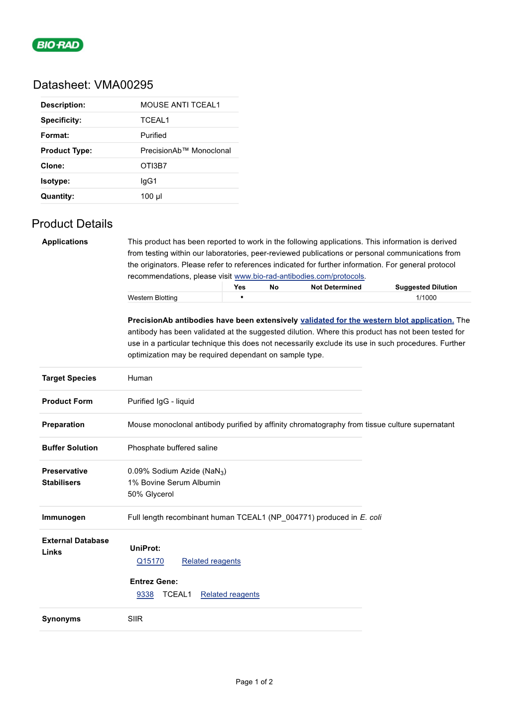 Datasheet: VMA00295 Product Details