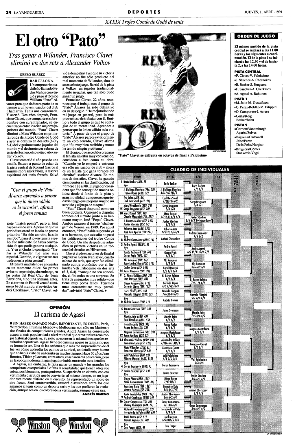 El Otro "Pato El Primer Partido De La Pista Central Se Iniciará a Las 11.00 Horas Y Los Siguientes a Conti- Tras Ganar a Wilander, Francisco Clavet Nuación