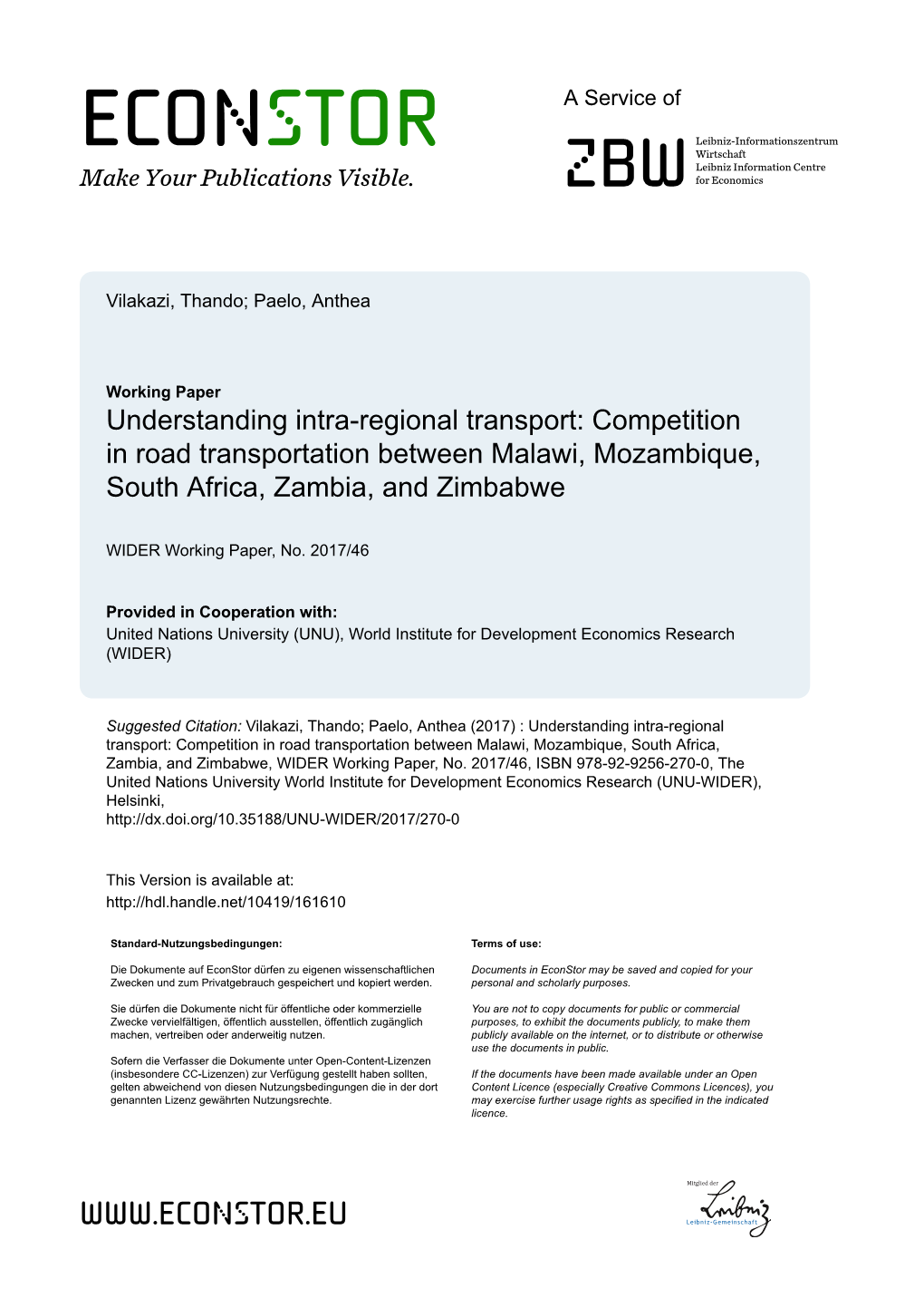 Understanding Intra-Regional Transport: Competition in Road Transportation Between Malawi, Mozambique, South Africa, Zambia, and Zimbabwe