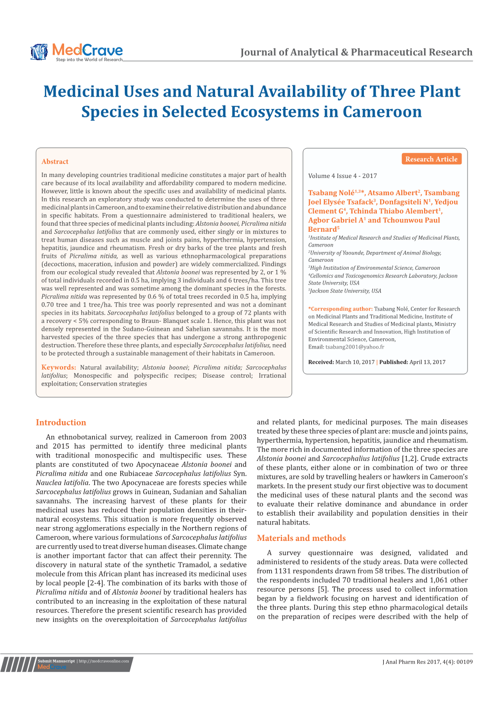 Medicinal Uses and Natural Availability of Three Plant Species in Selected Ecosystems in Cameroon