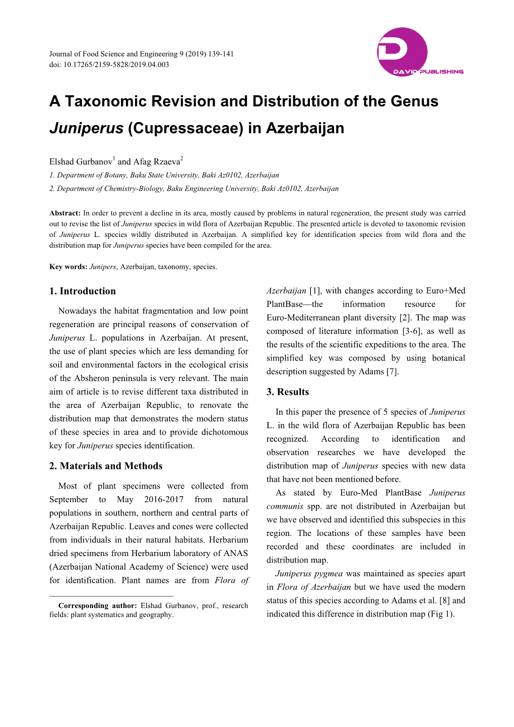 A Taxonomic Revision and Distribution of the Genus Juniperus (Cupressaceae) in Azerbaijan