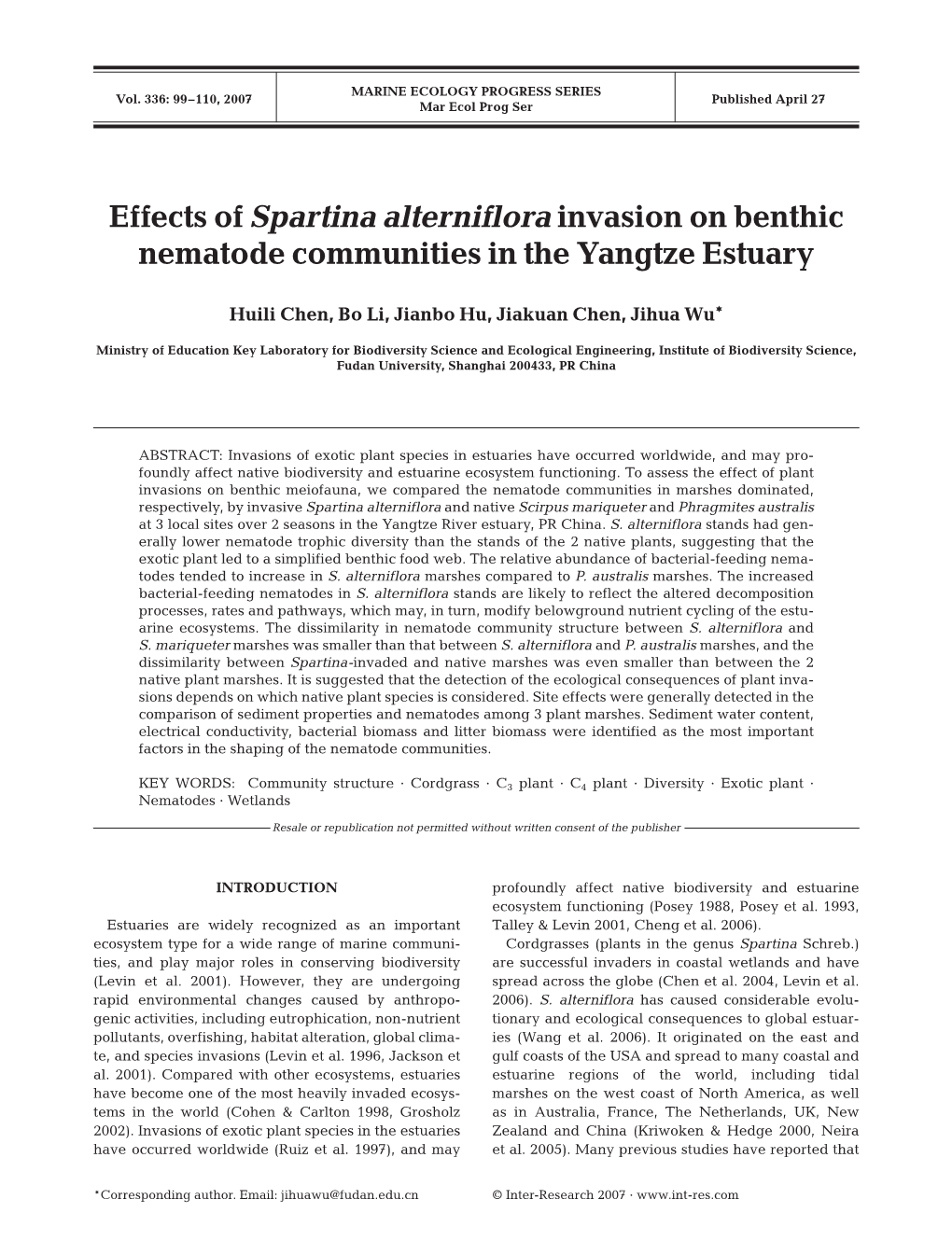 Effects of Spartina Alterniflora Invasion on Benthic Nematode Communities in the Yangtze Estuary