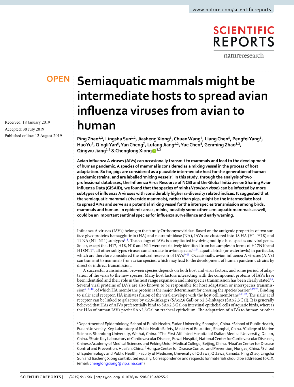 Semiaquatic Mammals Might Be Intermediate Hosts to Spread Avian