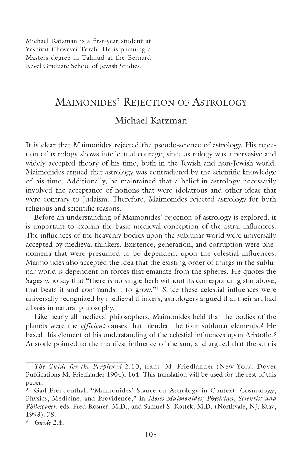 Maimonides' Rejection of Astrology