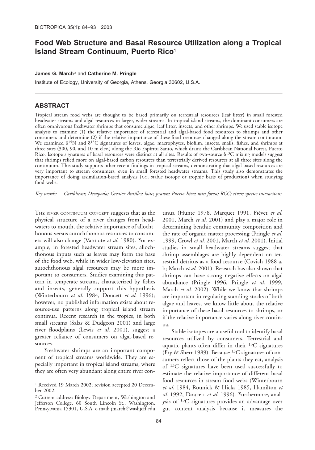 Food Web Structure and Basal Resource Utilization Along a Tropical Island Stream Continuum, Puerto Rico1