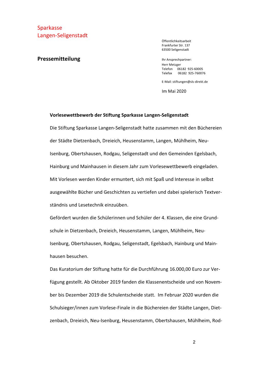 Sparkasse Langen-Seligenstadt Pressemitteilung