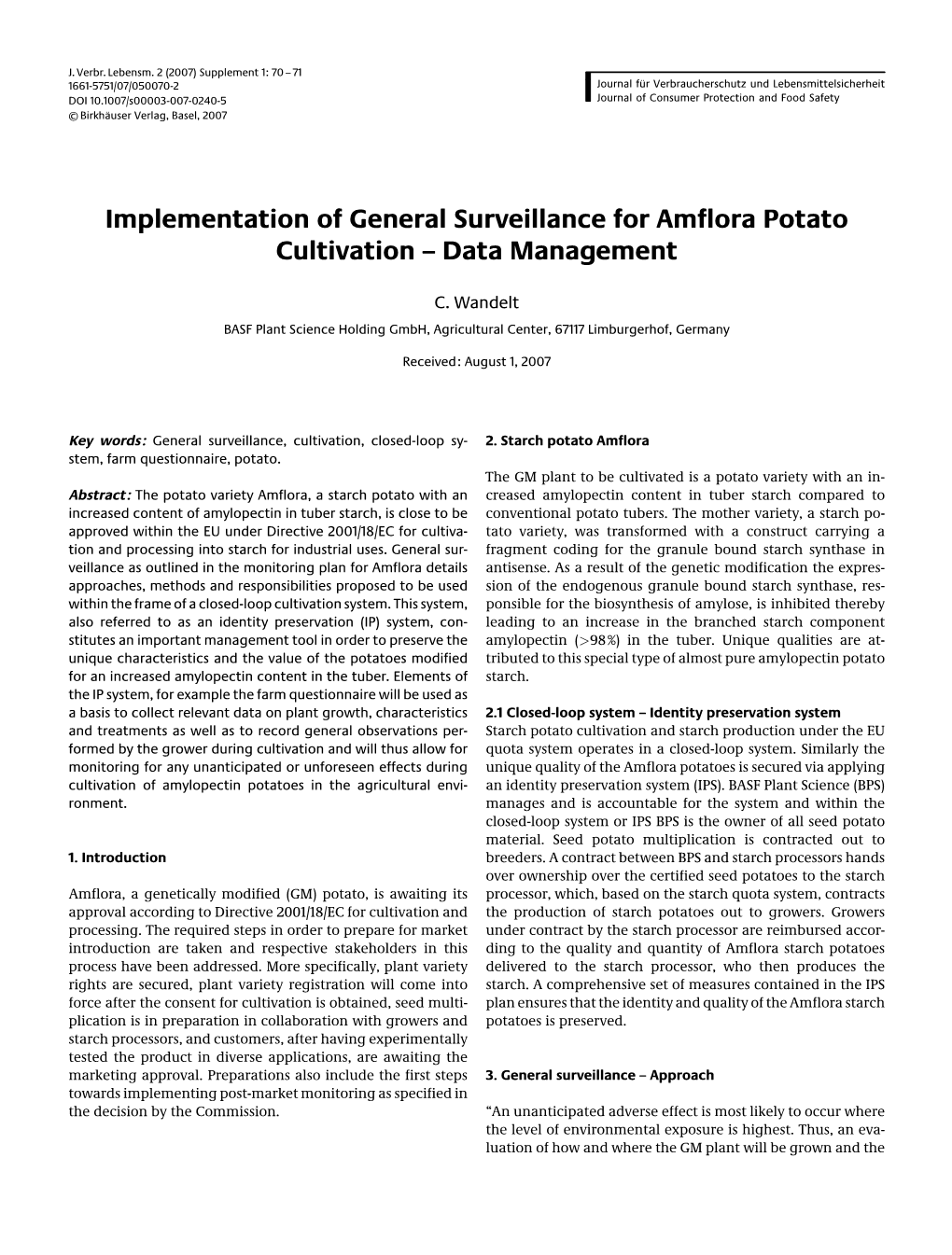 Implementation of General Surveillance for Amflora Potato Cultivation – Data Management