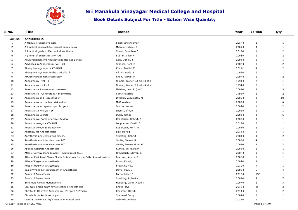 Sri Manakula Vinayagar Medical College and Hospital Book Details Subject for Title - Edtion Wise Quantity