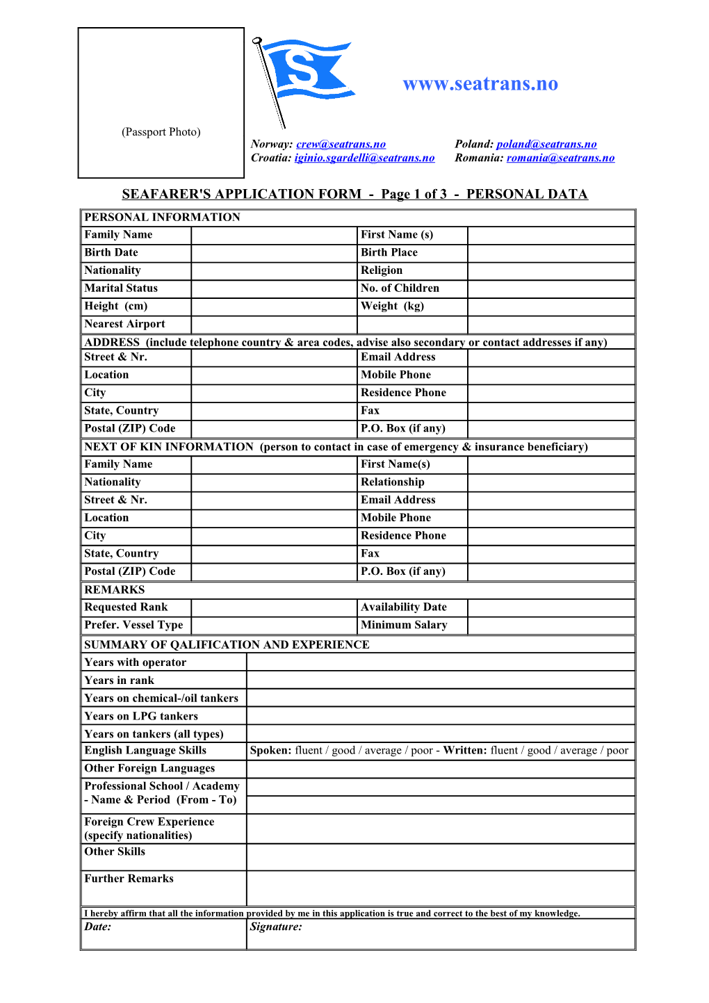 SEAFARER's APPLICATION FORM - Page 1 of 3 - PERSONAL DATA