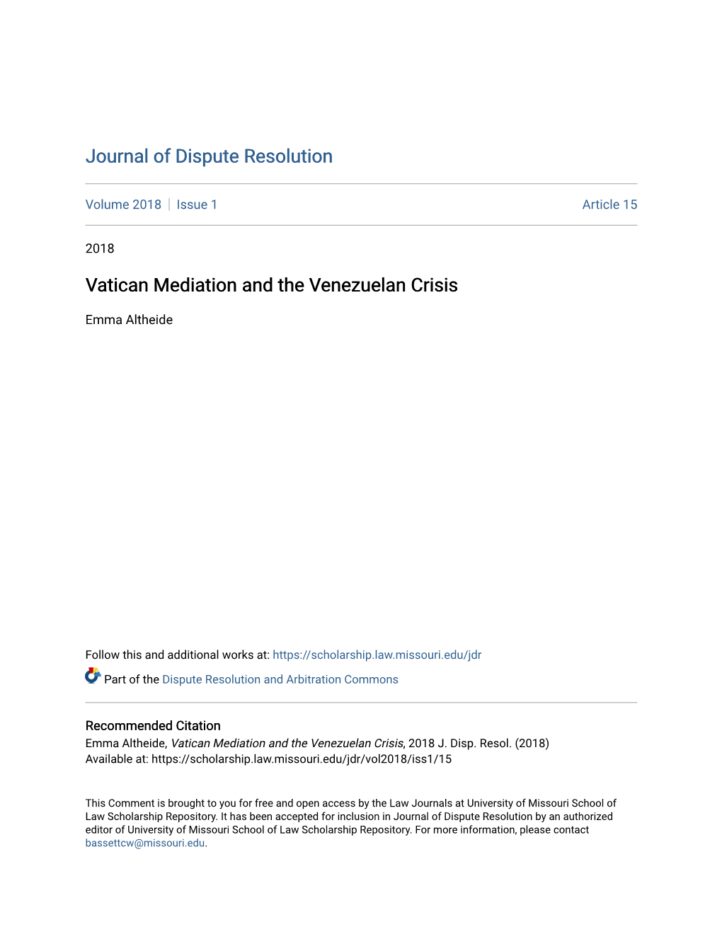 Vatican Mediation and the Venezuelan Crisis