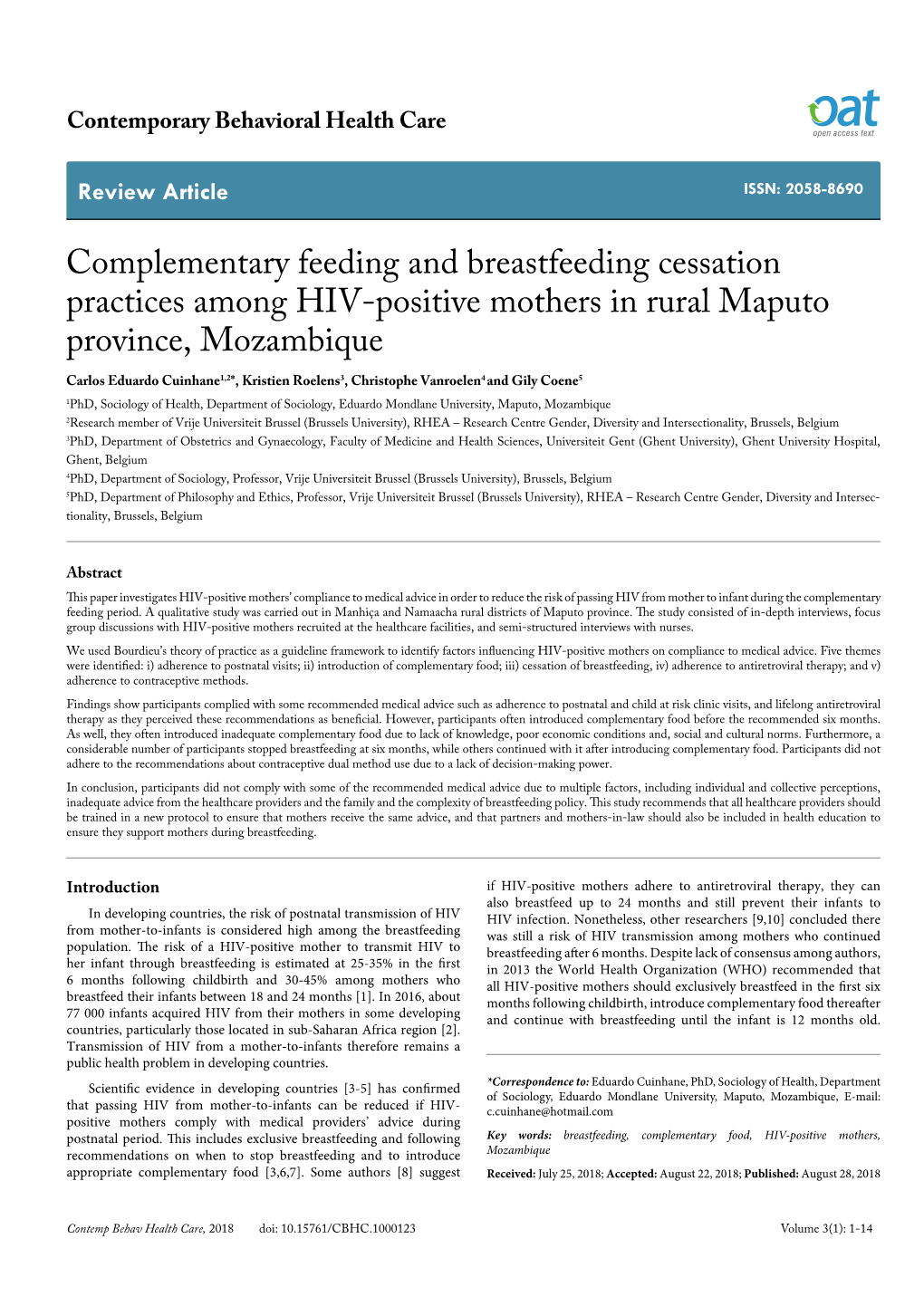 Complementary Feeding and Breastfeeding Cessation Practices Among HIV-Positive Mothers in Rural Maputo Province, Mozambique