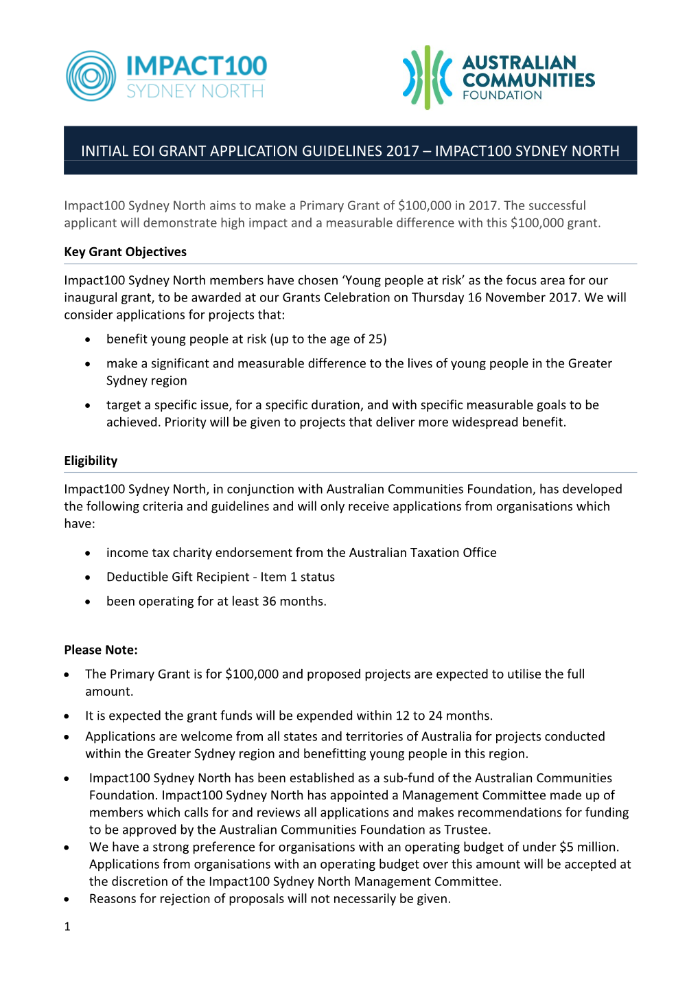 Initial Eoi Grant Application Guidelines 2017 Impact100 Sydney North