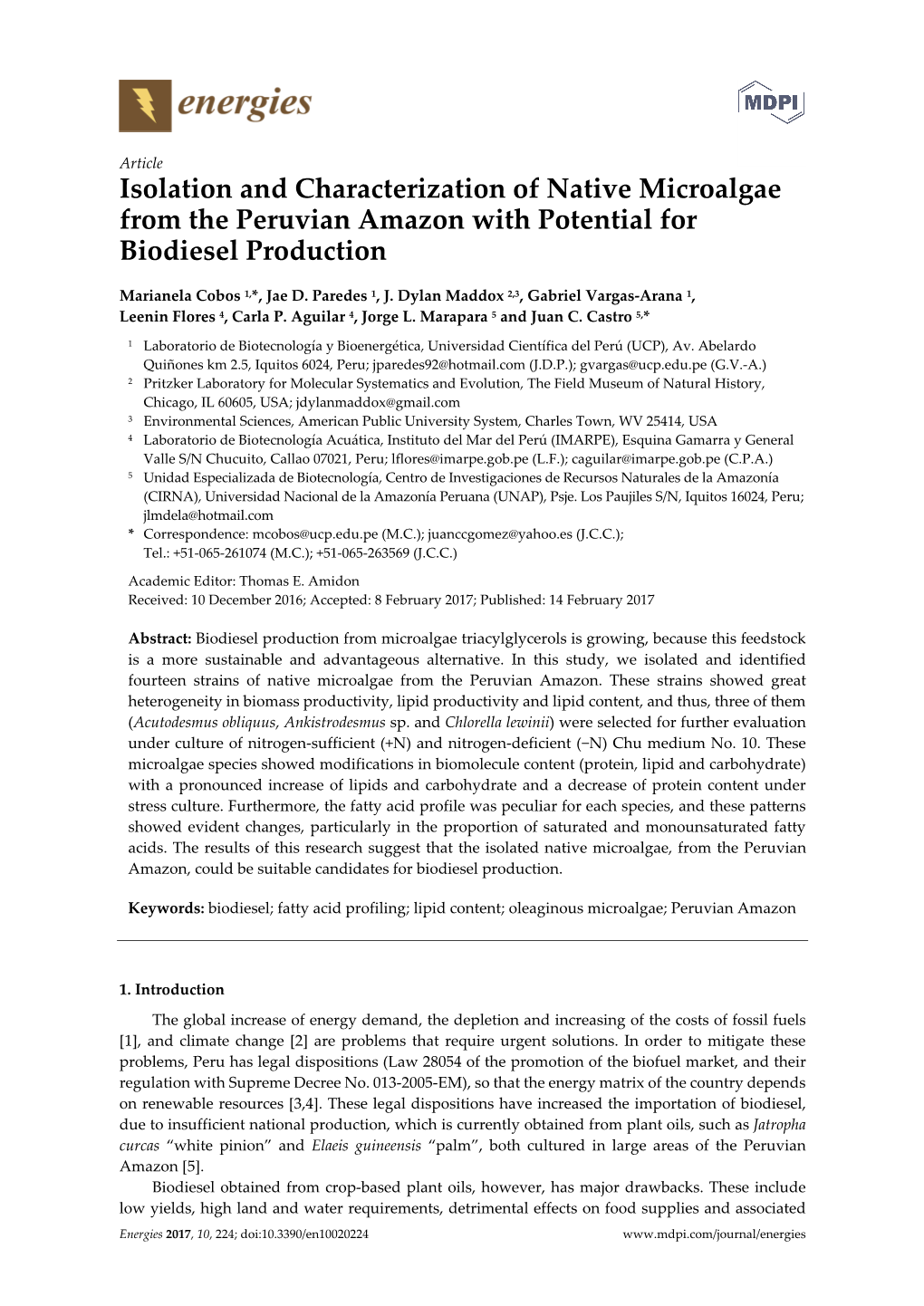 Isolation and Characterization of Native Microalgae from the Peruvian Amazon with Potential for Biodiesel Production