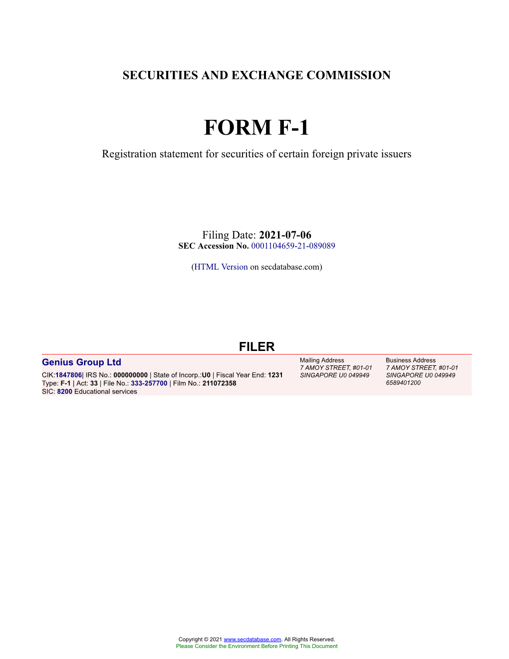 Genius Group Ltd Form F-1 Filed 2021-07-06