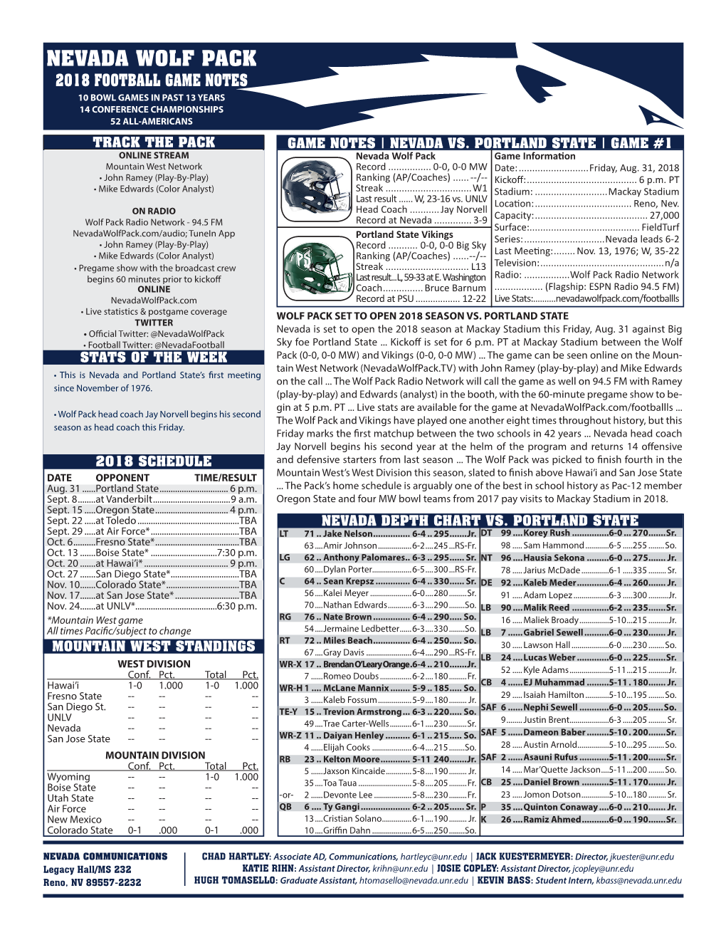 Nevada Wolf Pack 2018 Football Game Notes 10 Bowl Games in Past 13 Years 14 Conference Championships 52 All-Americans Track the Pack Game Notes | Nevada Vs
