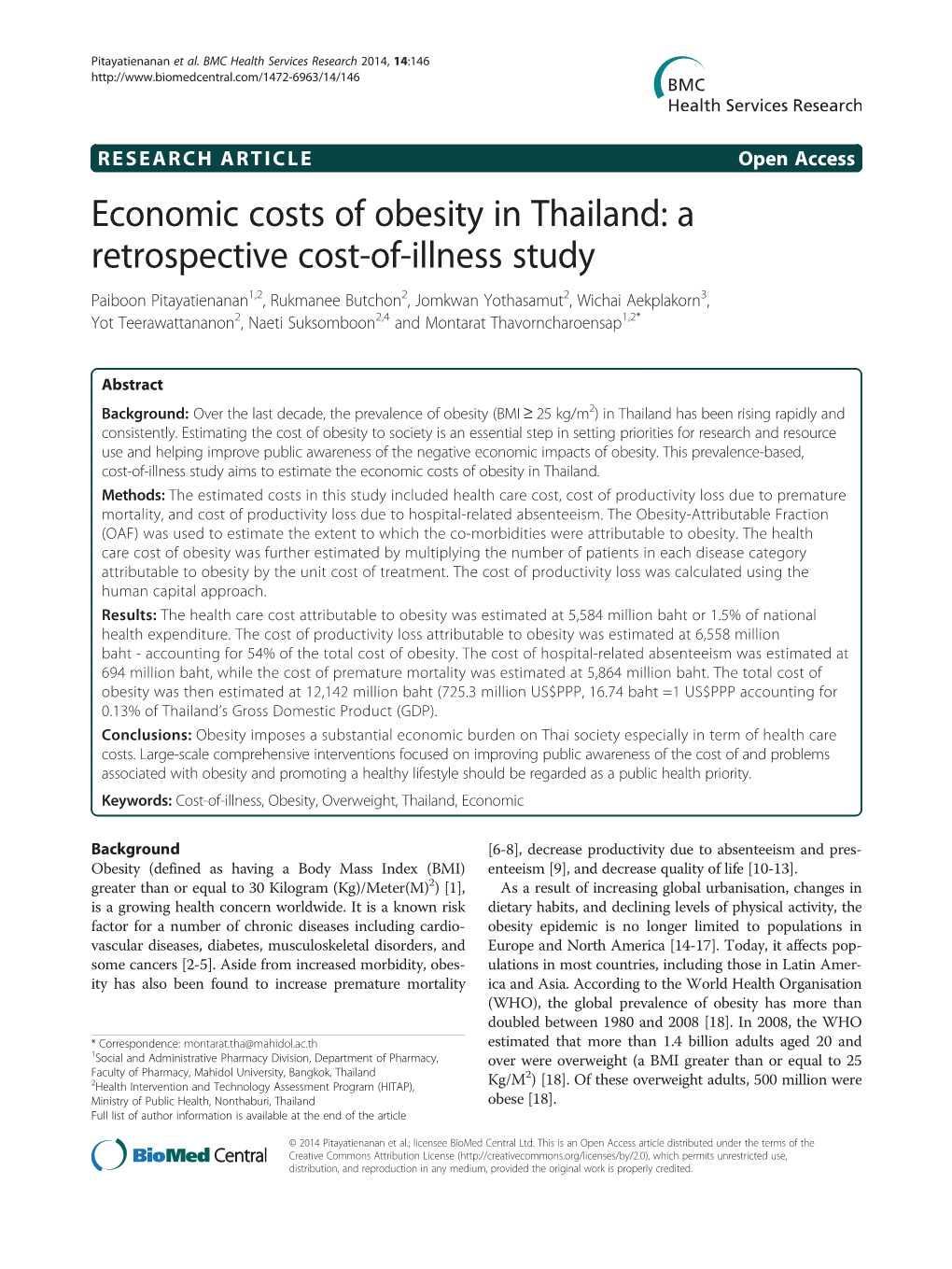 Economic Costs of Obesity in Thailand