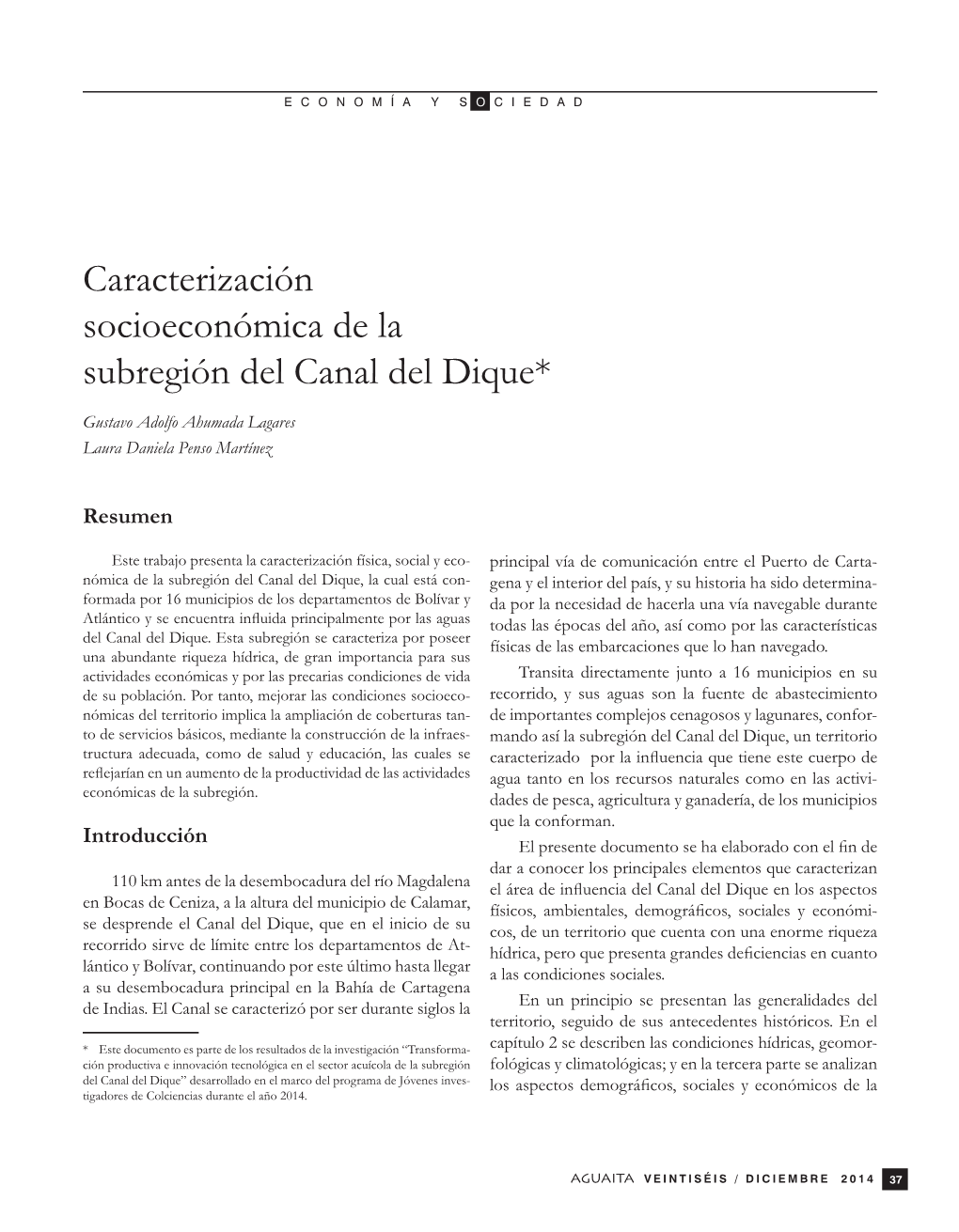 Caracterización Socioeconómica De La Subregión Del Canal Del Dique*