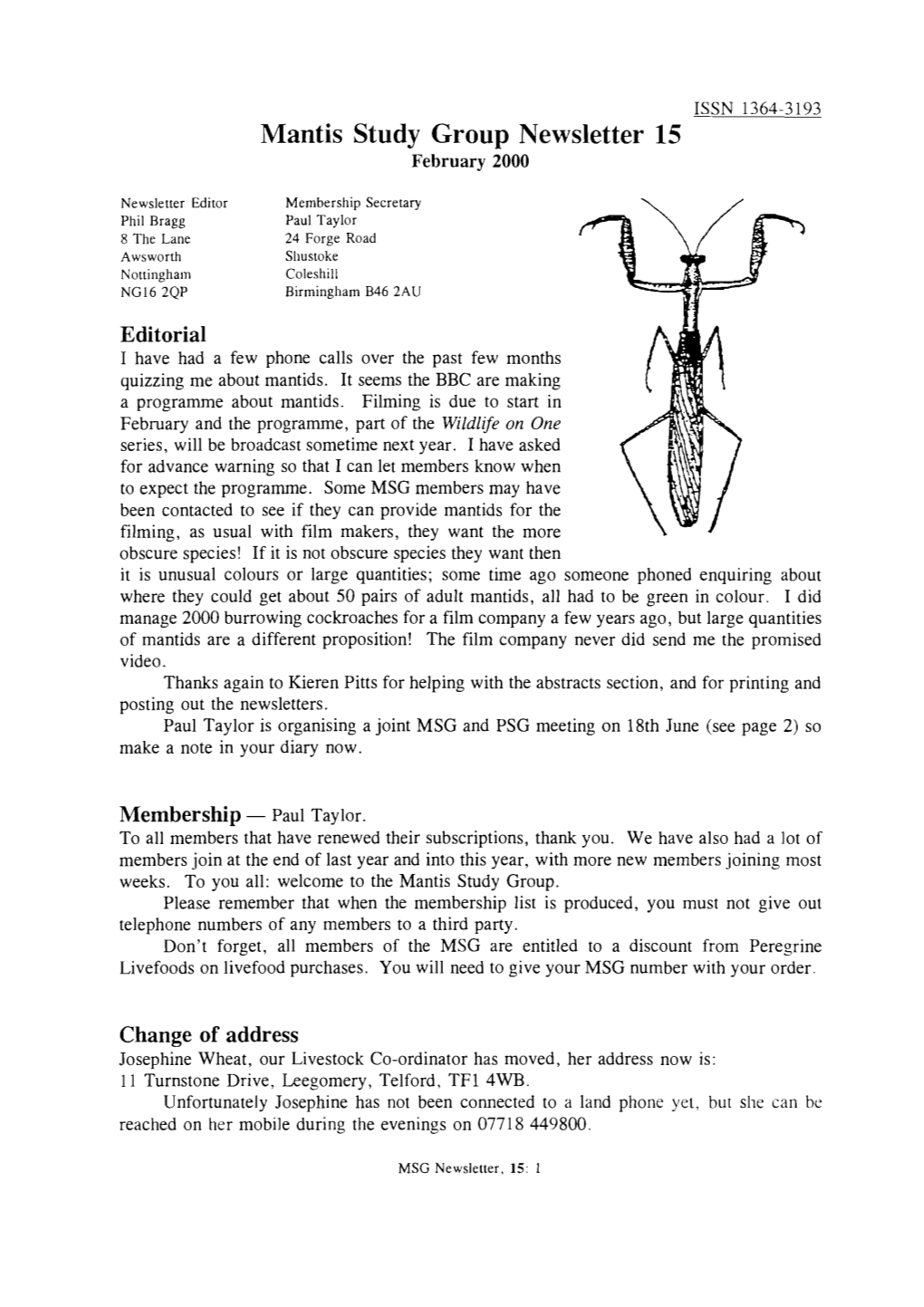 Mantis Study Group Newsletter 15 (February 2000)