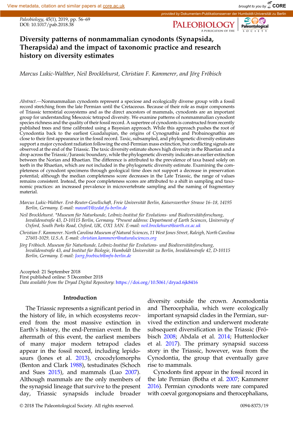 Diversity Patterns of Nonmammalian Cynodonts (Synapsida, Therapsida) and the Impact of Taxonomic Practice and Research History on Diversity Estimates