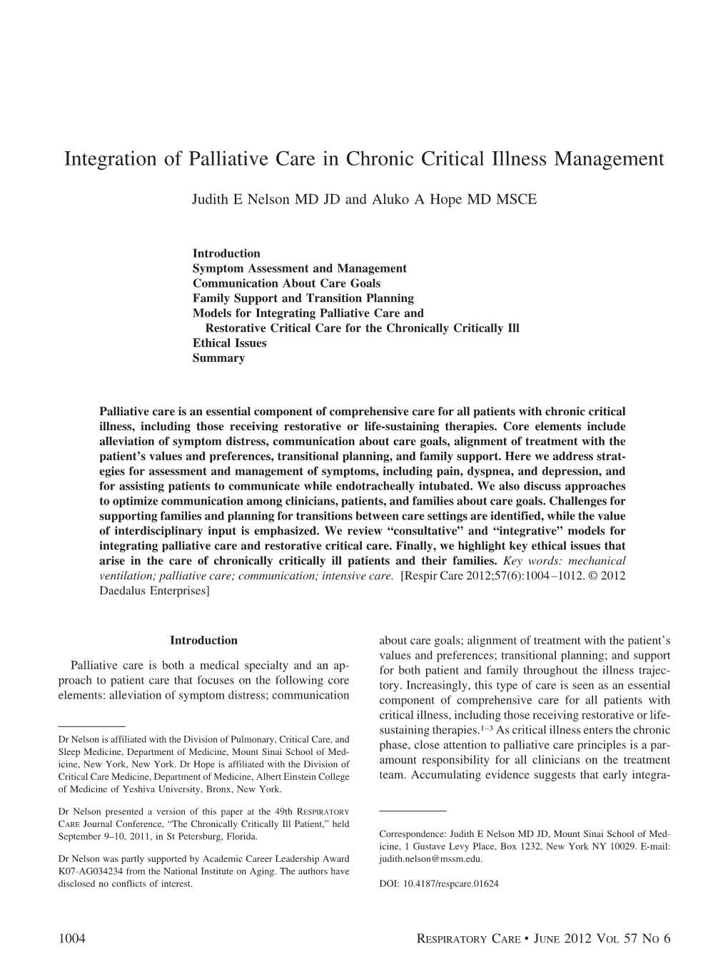 Integration of Palliative Care in Chronic Critical Illness Management