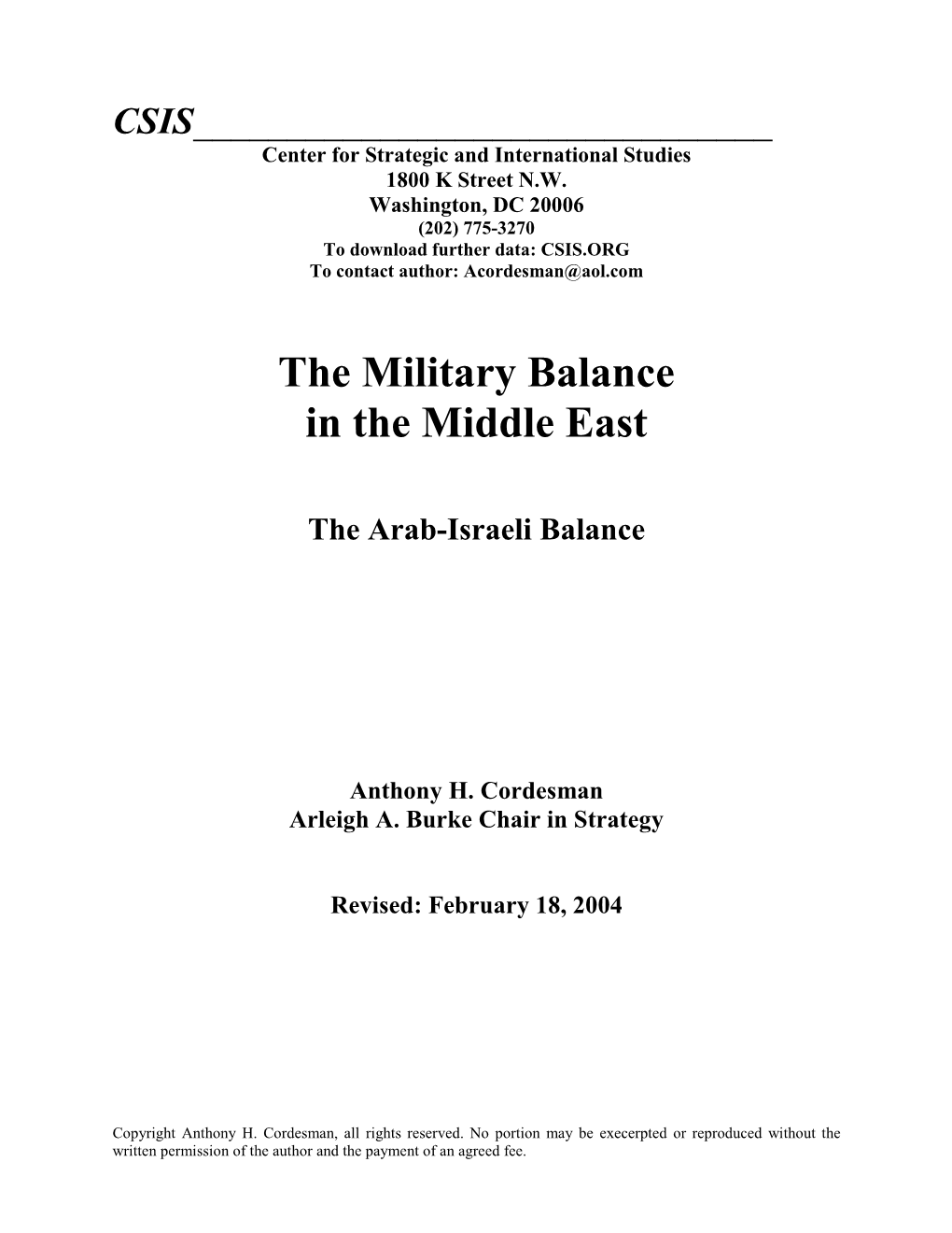 The Military Balance in the Middle East – Arab-Israeli Balance I 2/23/2004 Ii Page