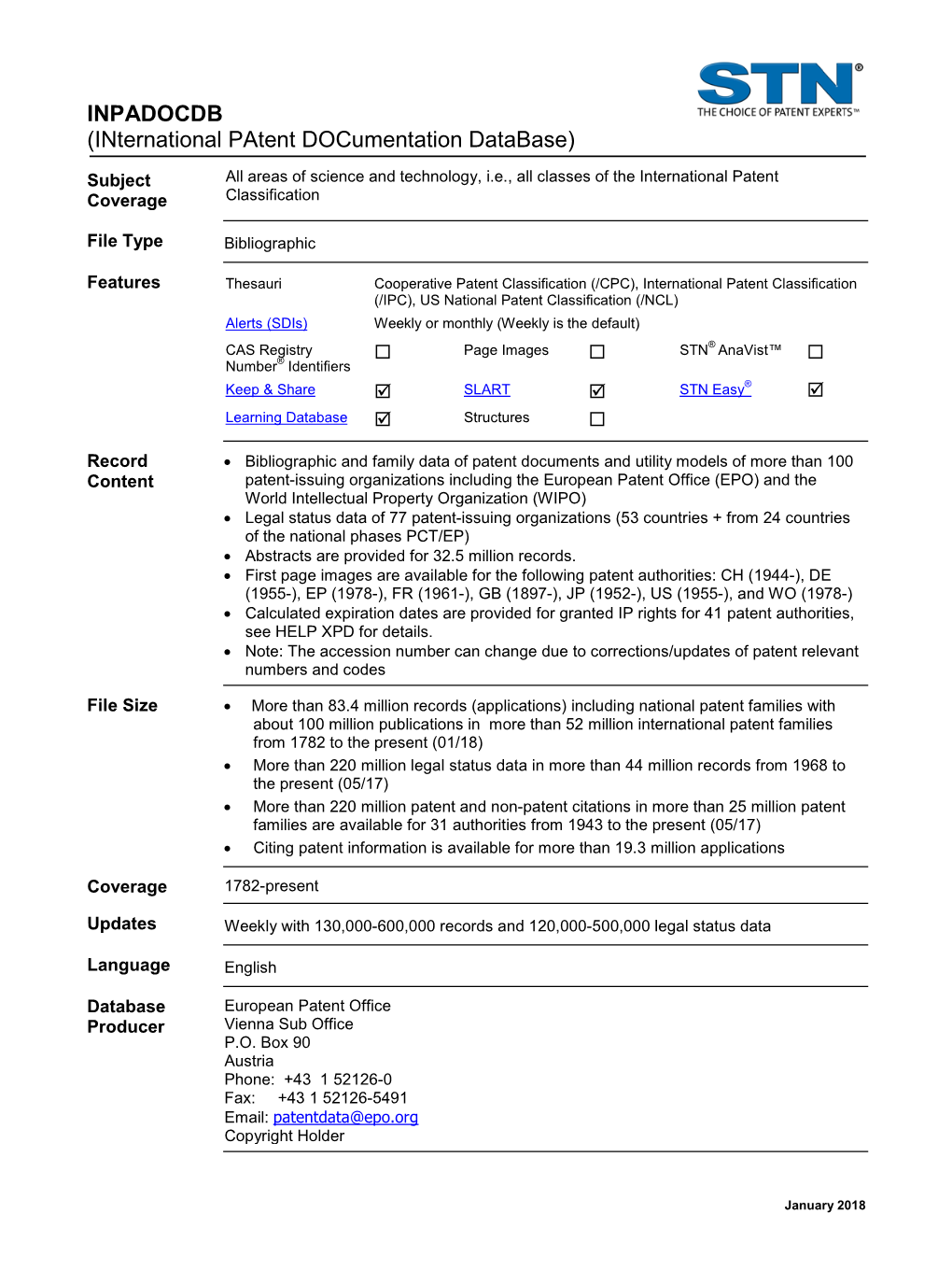 INPADOCDB Database Summary Sheet (DBSS)