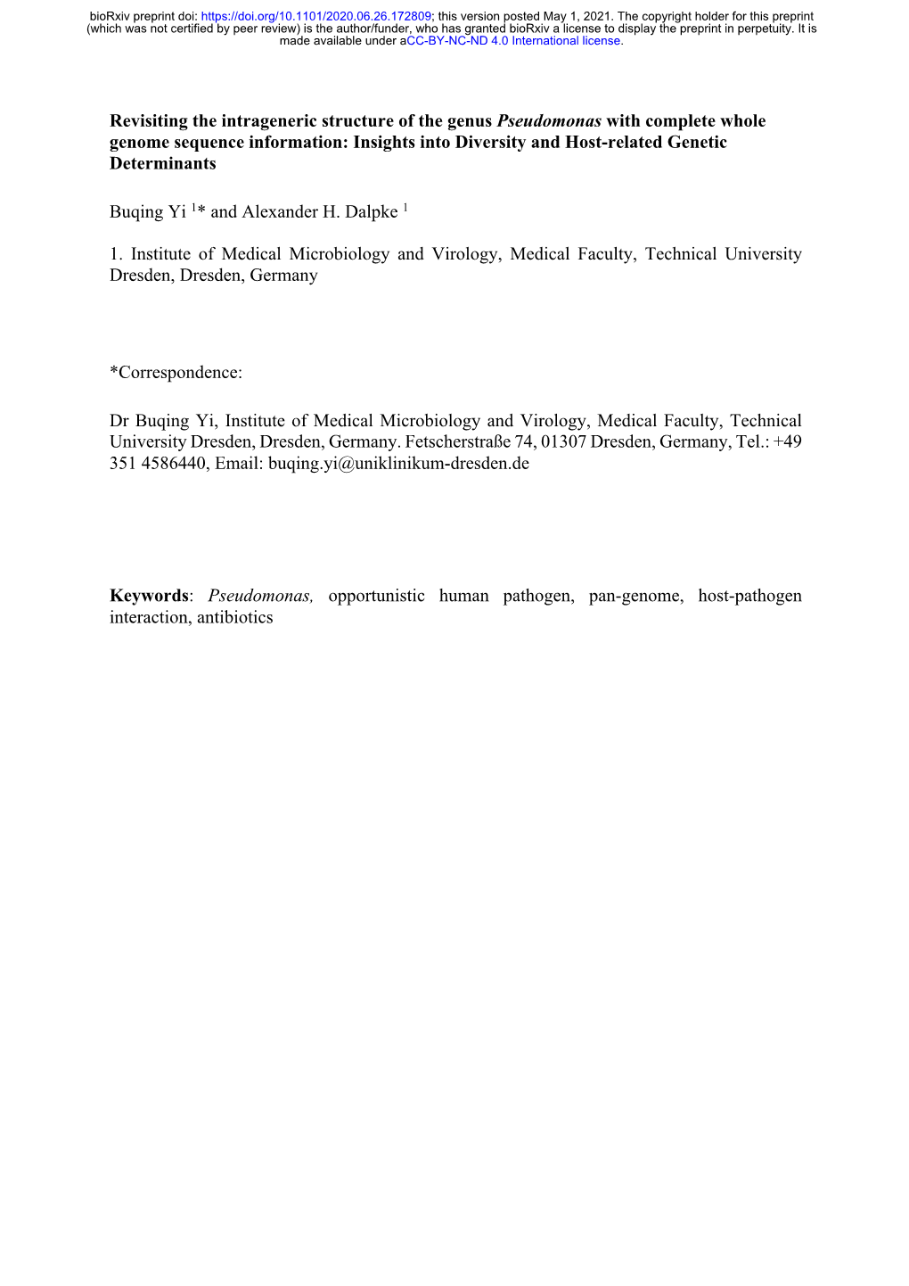 Revisiting the Intrageneric Structure of the Genus Pseudomonas