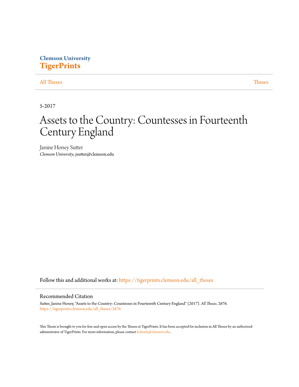 Countesses in Fourteenth Century England Janine Honey Sutter Clemson University, Jsutter@Clemson.Edu