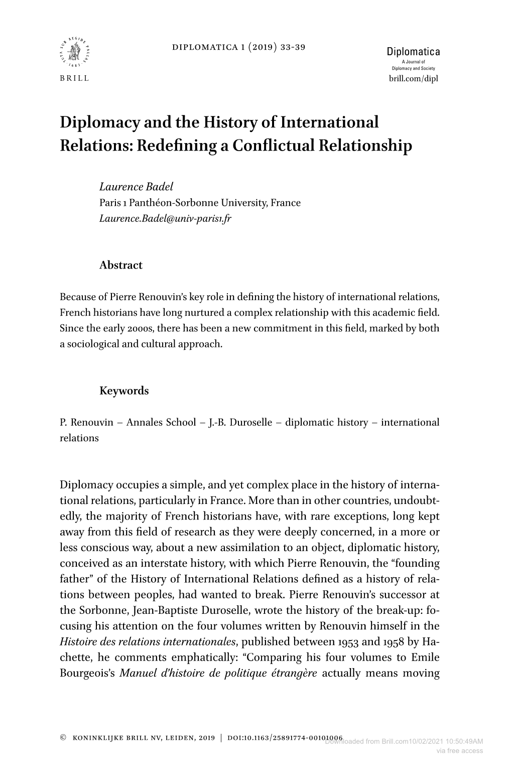 Diplomacy and the History of International Relations: Redefining a Conflictual Relationship