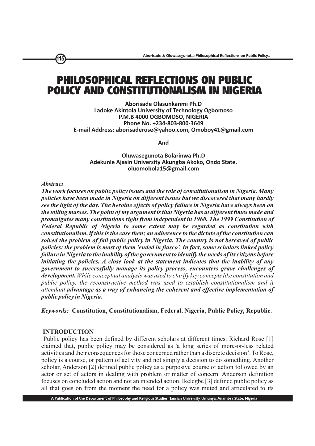 Philosophical Reflections on Public Policy and Constitutionalism in Nigeria