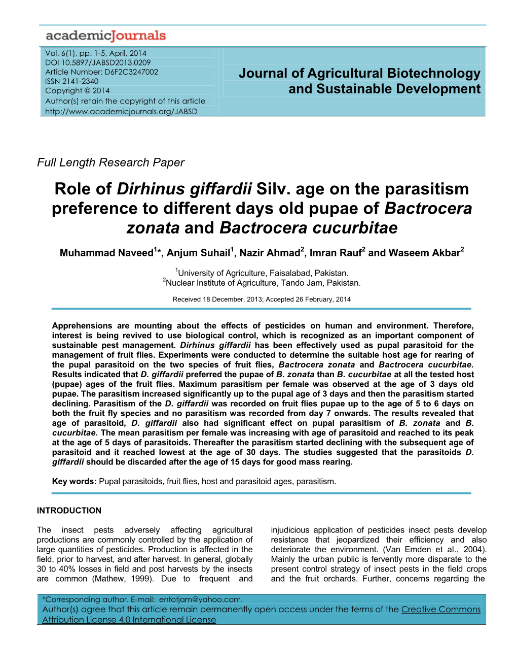Role of Dirhinus Giffardii Silv. Age on the Parasitism Preference to Different Days Old Pupae of Bactrocera Zonata and Bactrocera Cucurbitae