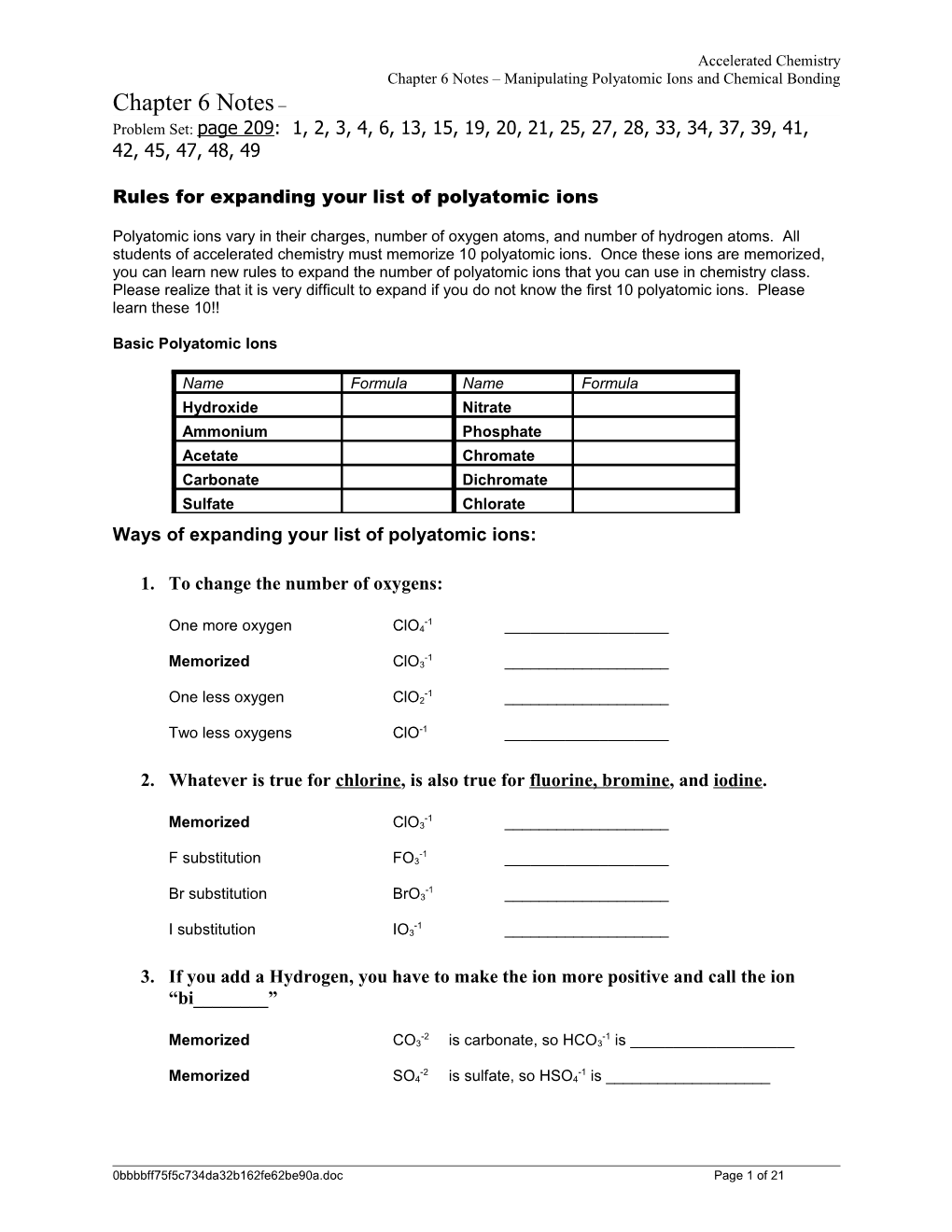 Chapter 6 Notes Manipulating Polyatomic Ions and Chemical Bonding