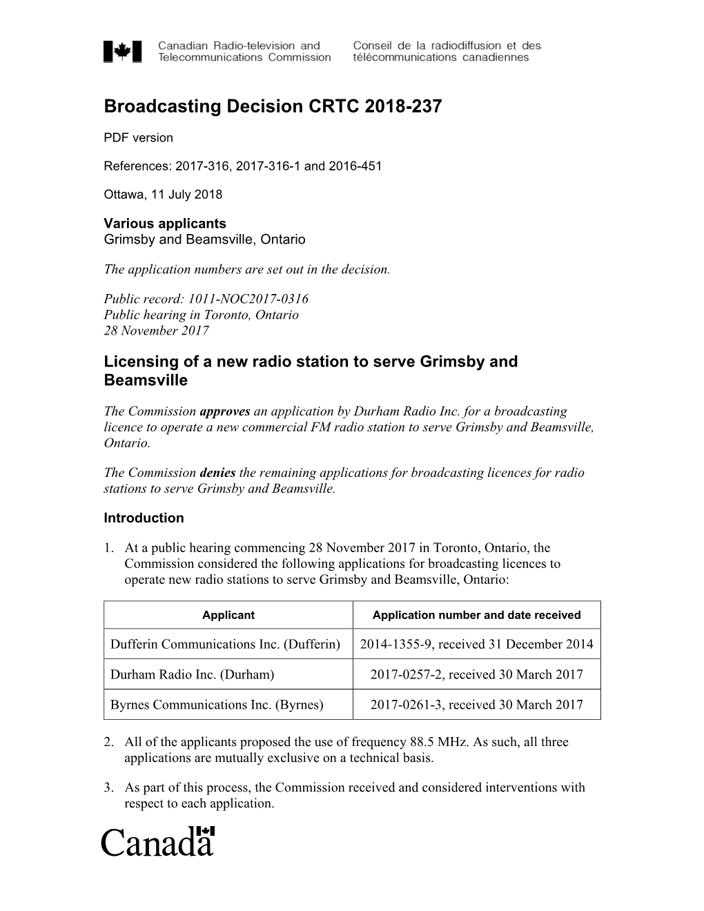 Licensing of a New Radio Station to Serve Grimsby and Beamsville