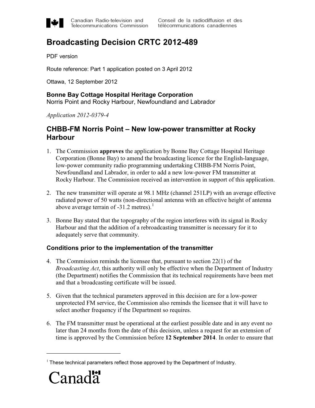 Broadcasting Decision CRTC 2012-489