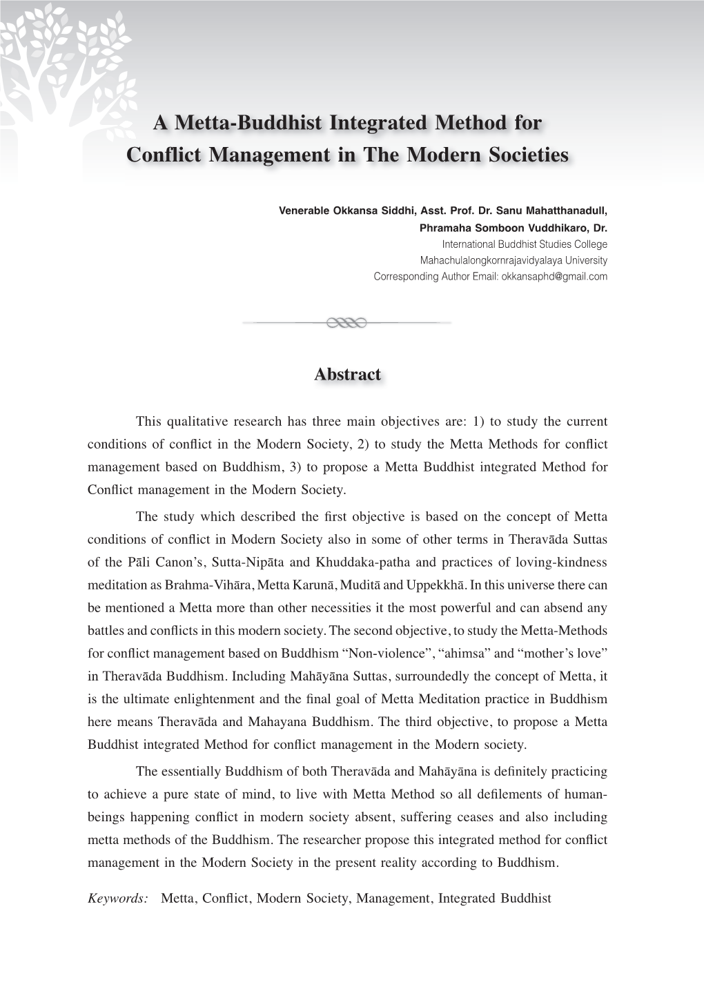 A Metta-Buddhist Integrated Method for Conflict Management in the Modern Societies