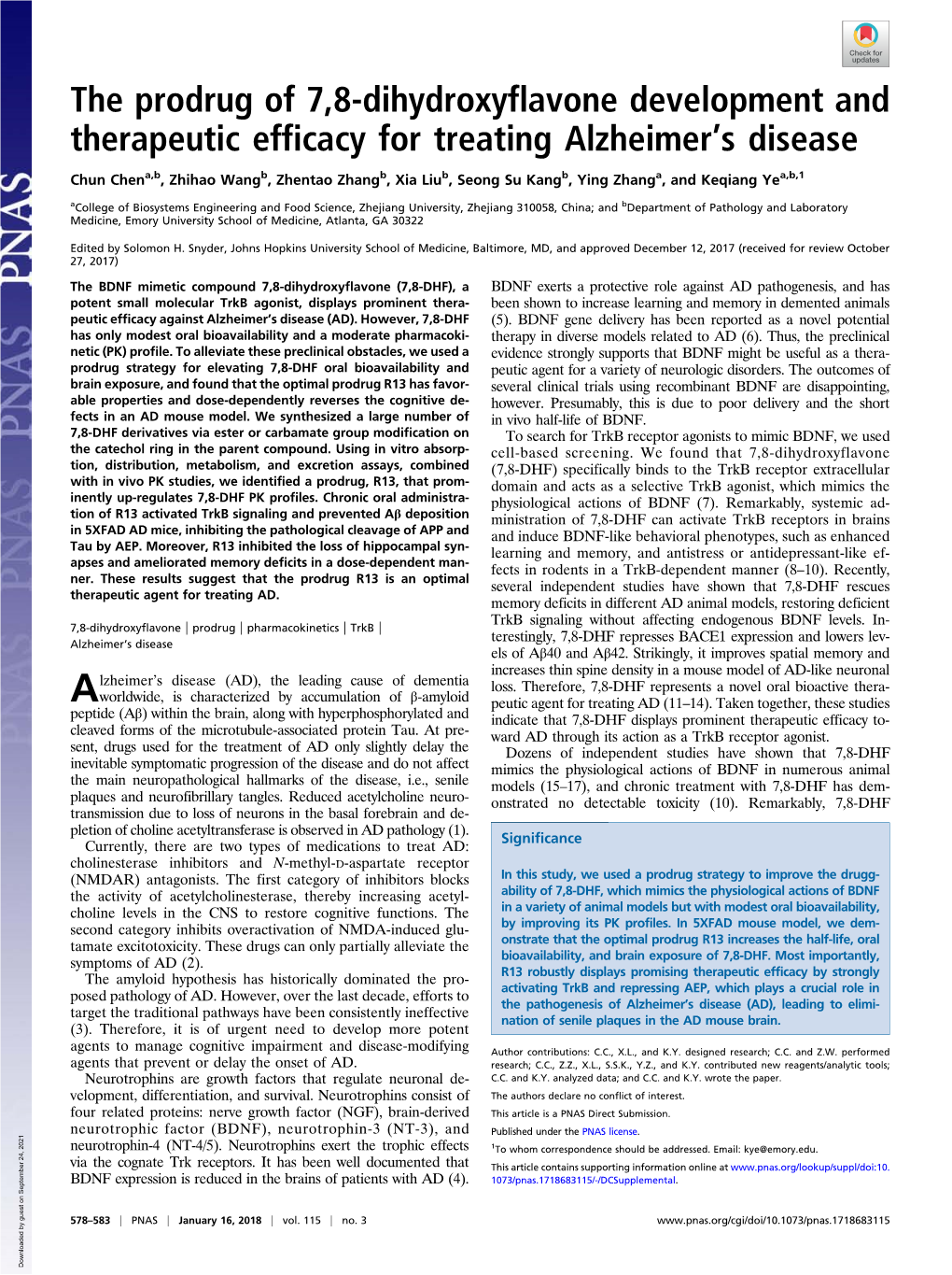 The Prodrug of 7,8-Dihydroxyflavone Development and Therapeutic Efficacy for Treating Alzheimer’S Disease