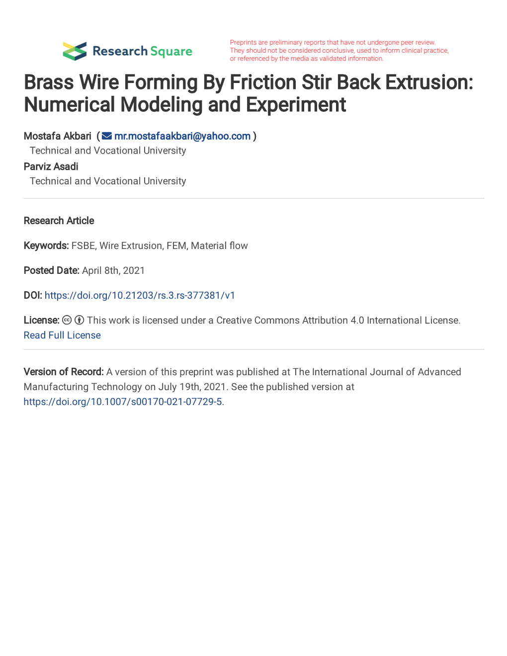 Brass Wire Forming by Friction Stir Back Extrusion: Numerical Modeling and Experiment