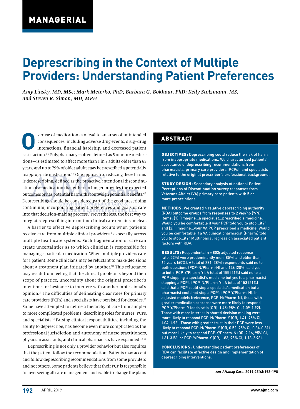 Deprescribing in the Context of Multiple Providers: Understanding Patient Preferences